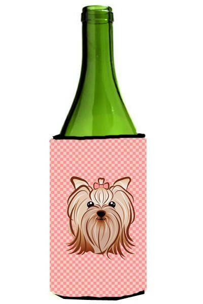 Checkerboard Pink Yorkie Yorkshire Terrier Wine Bottle Beverage Insulator Hugger by Caroline&#39;s Treasures