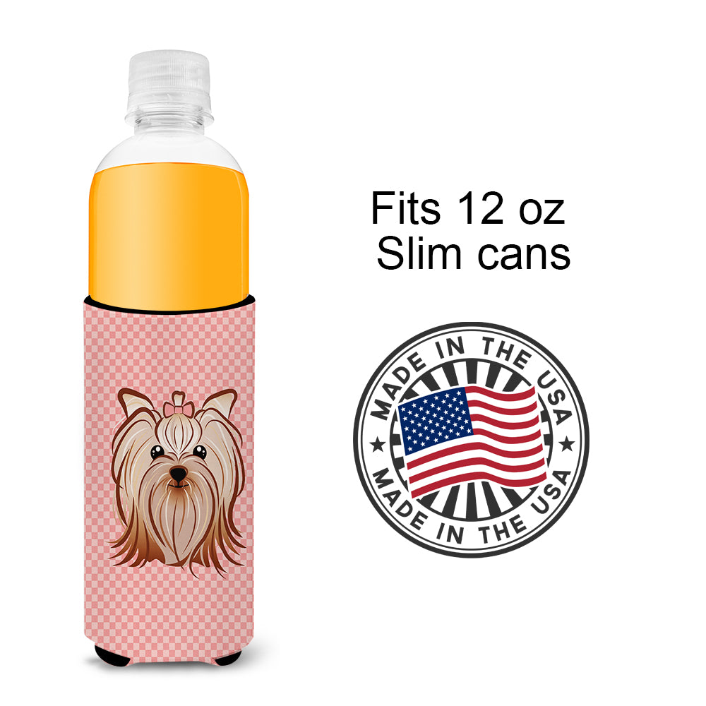 Checkerboard Pink Yorkie Yorkshire Terrier Ultra Beverage Insulators for slim cans.