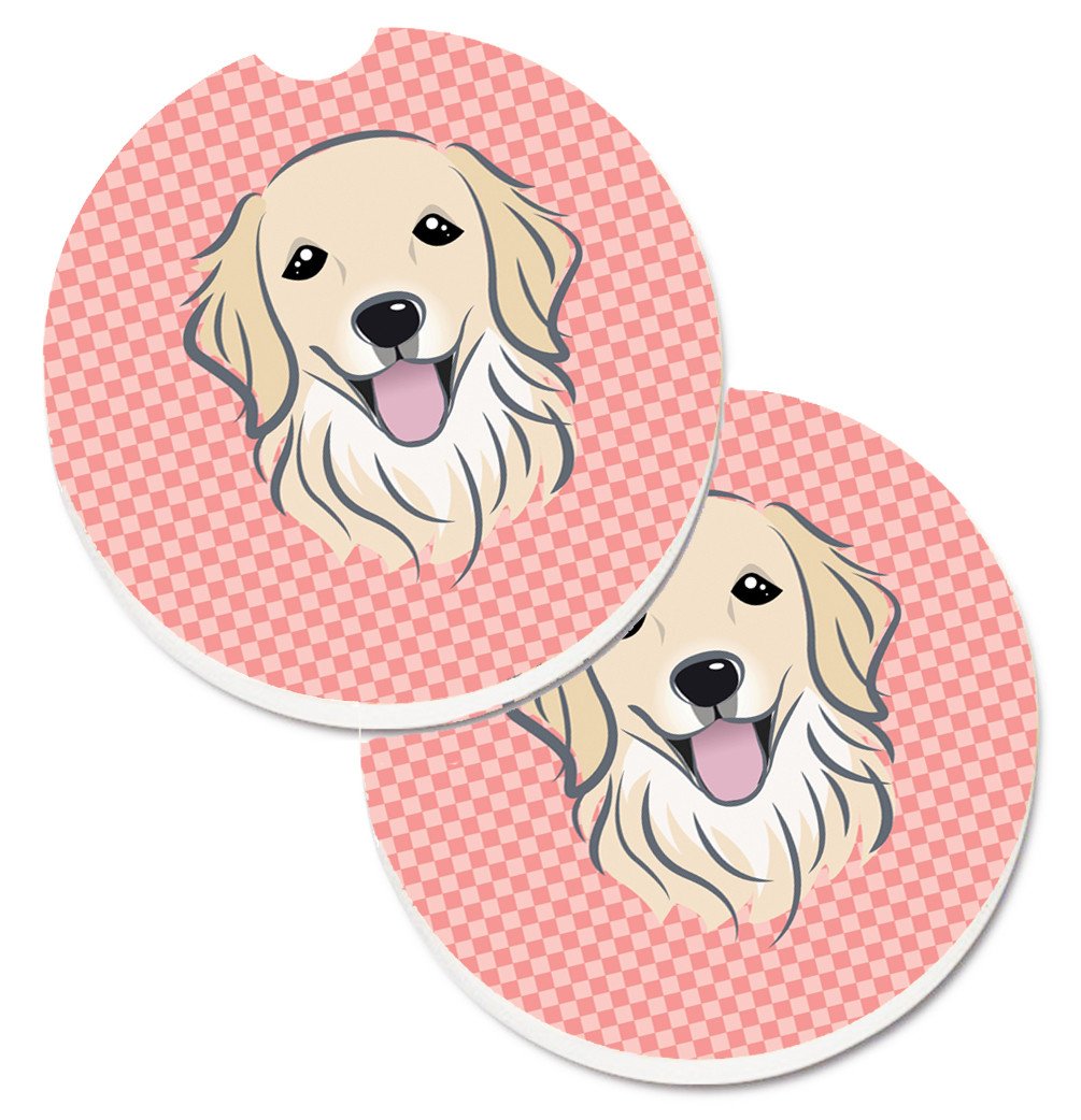 Checkerboard Pink Golden Retriever Set of 2 Cup Holder Car Coasters BB1205CARC by Caroline&#39;s Treasures
