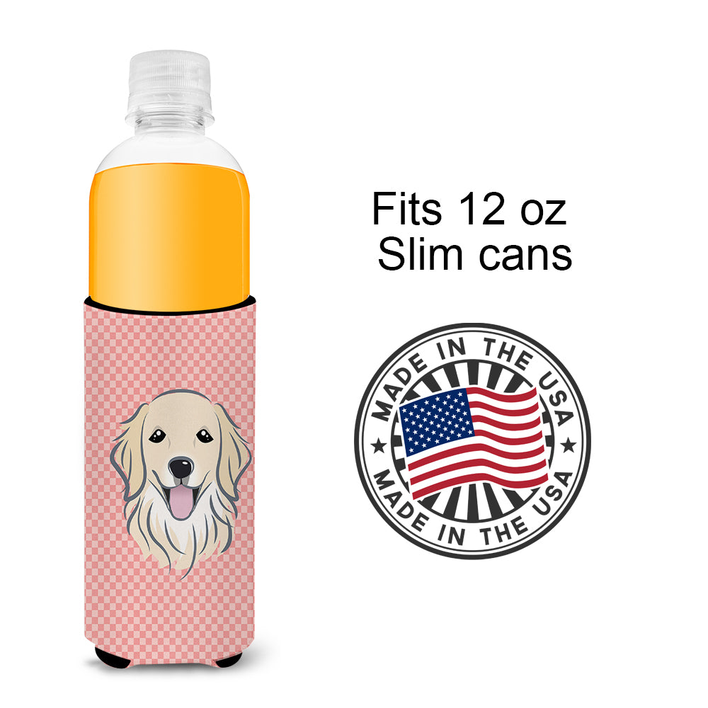 Checkerboard Pink Golden Retriever Ultra Beverage Insulators for slim cans