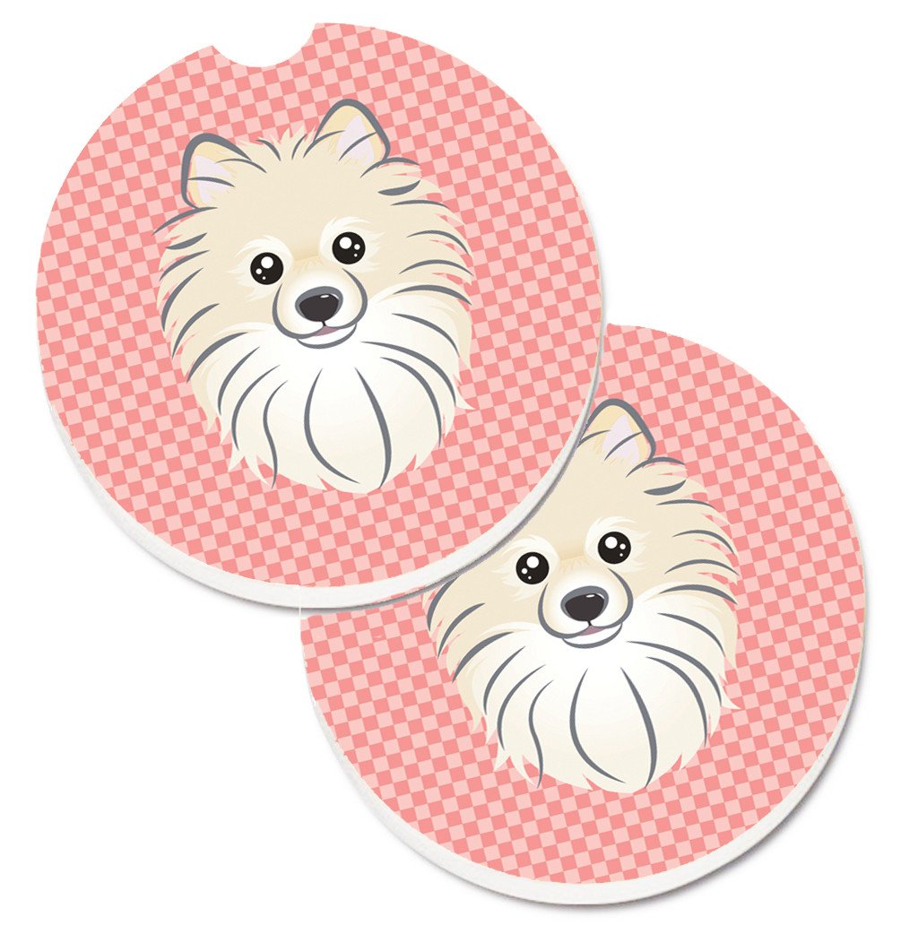 Checkerboard Pink Pomeranian Set of 2 Cup Holder Car Coasters BB1207CARC by Caroline&#39;s Treasures