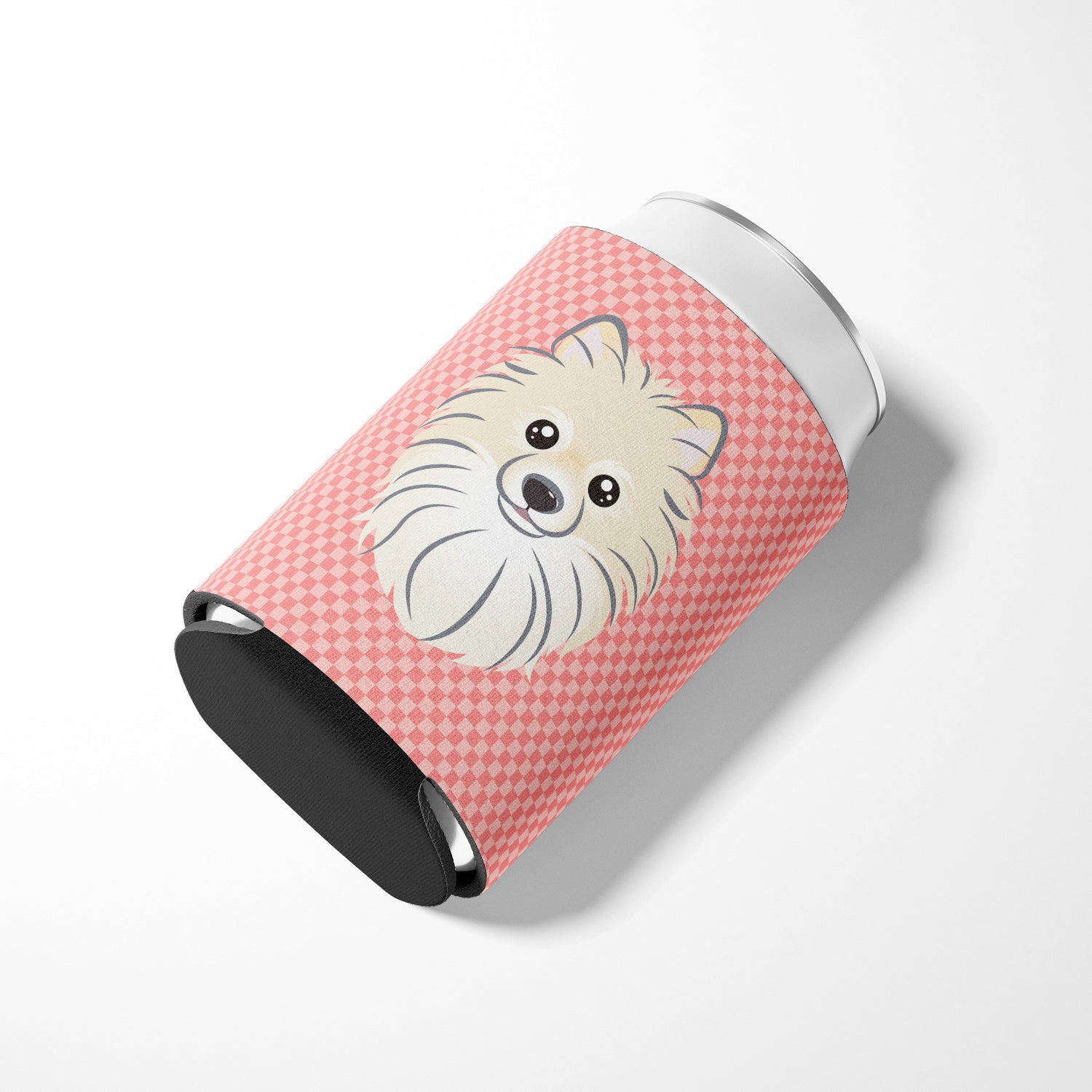 Checkerboard Pink Pomeranian Can or Bottle Hugger BB1207CC.