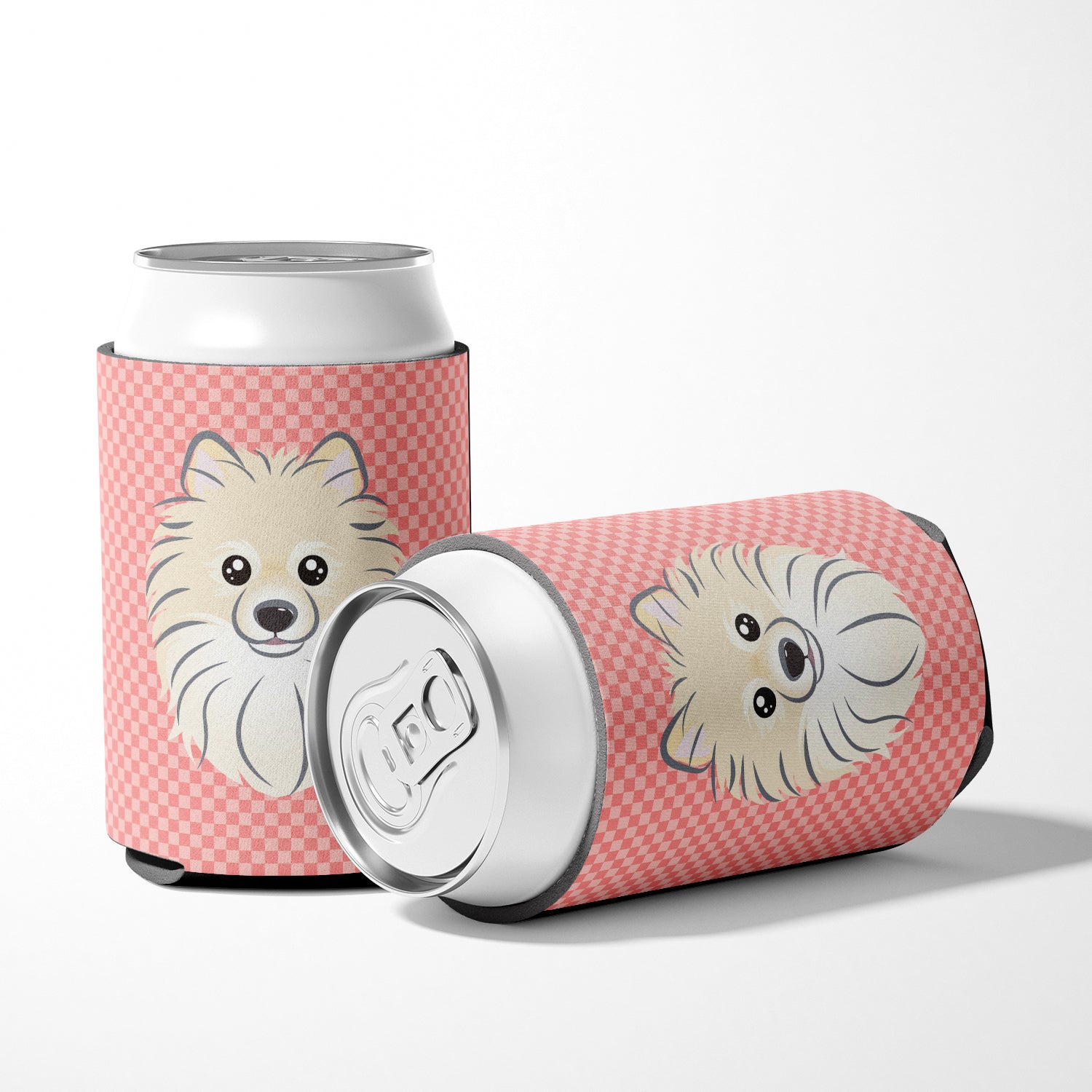 Checkerboard Pink Pomeranian Can or Bottle Hugger BB1207CC.