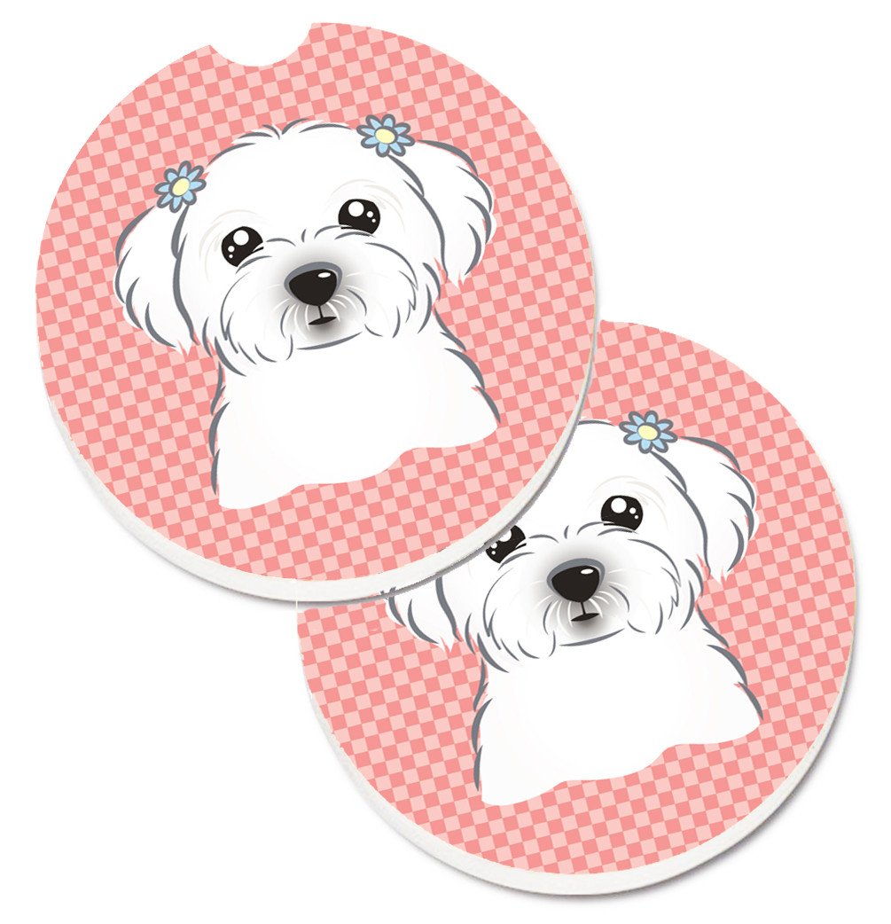 Checkerboard Pink Maltese Set of 2 Cup Holder Car Coasters BB1208CARC by Caroline&#39;s Treasures