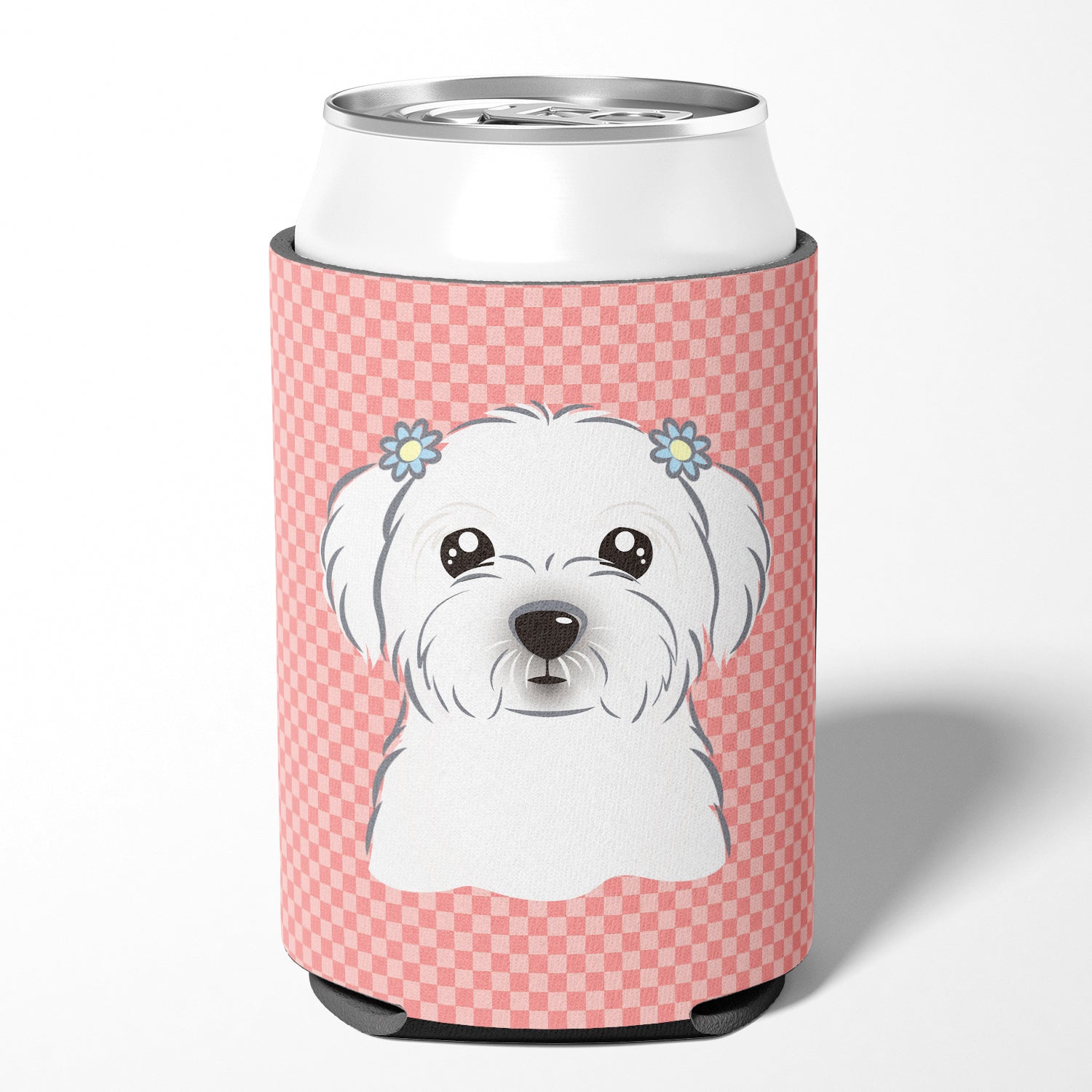 Checkerboard Pink Maltese Can or Bottle Hugger BB1208CC