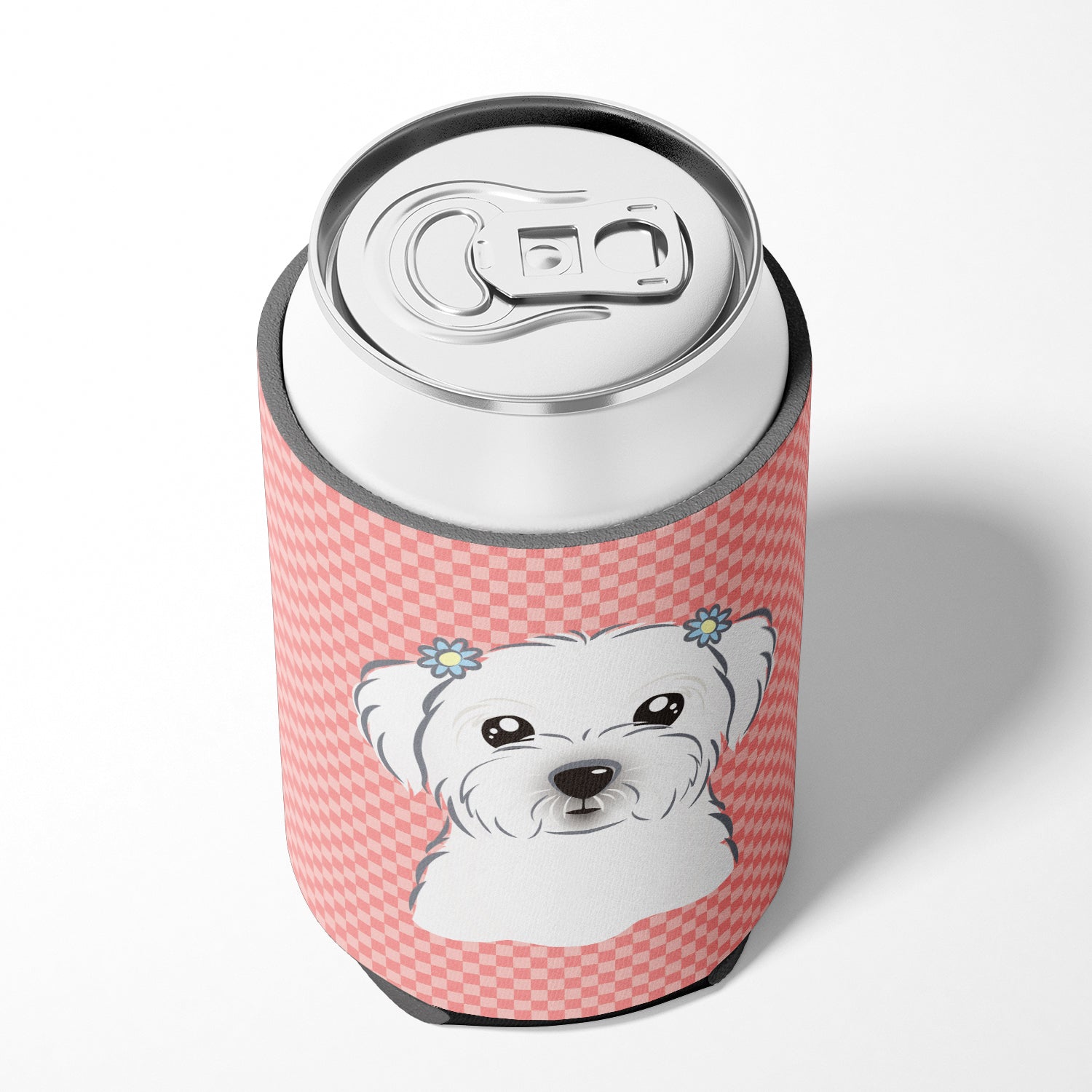 Checkerboard Pink Maltese Can or Bottle Hugger BB1208CC.