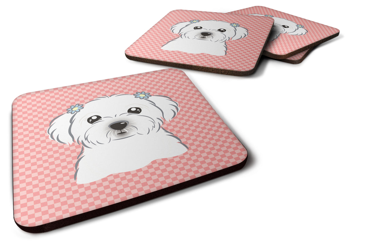 Set of 4 Checkerboard Pink Maltese Foam Coasters BB1208FC - the-store.com
