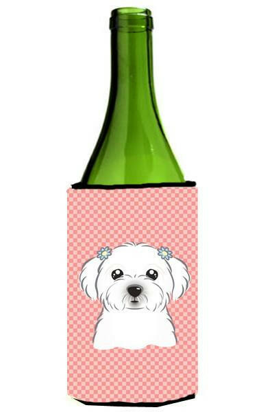 Checkerboard Pink Maltese Wine Bottle Beverage Insulator Hugger BB1208LITERK by Caroline&#39;s Treasures