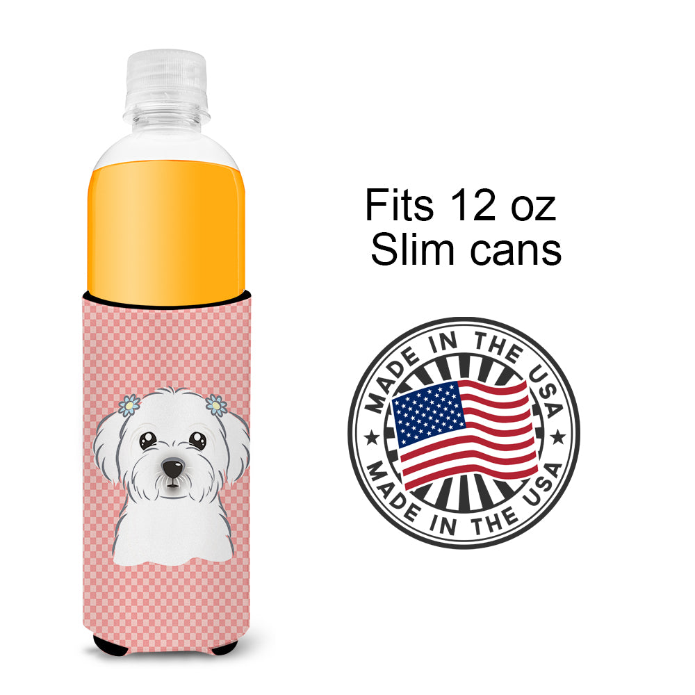 Checkerboard Pink Maltese Ultra Beverage Insulators for slim cans BB1208MUK