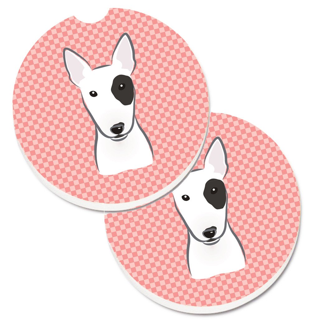 Checkerboard Pink Bull Terrier Set of 2 Cup Holder Car Coasters BB1209CARC by Caroline&#39;s Treasures