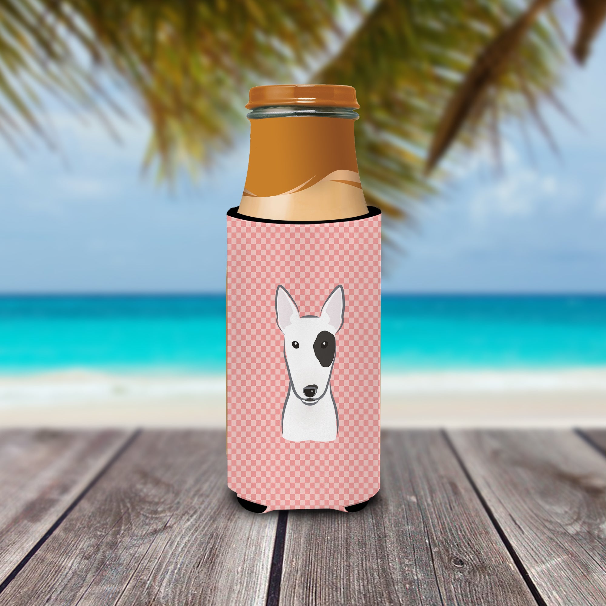 Checkerboard Pink Bull Terrier Ultra Beverage Insulators for slim cans BB1209MUK.