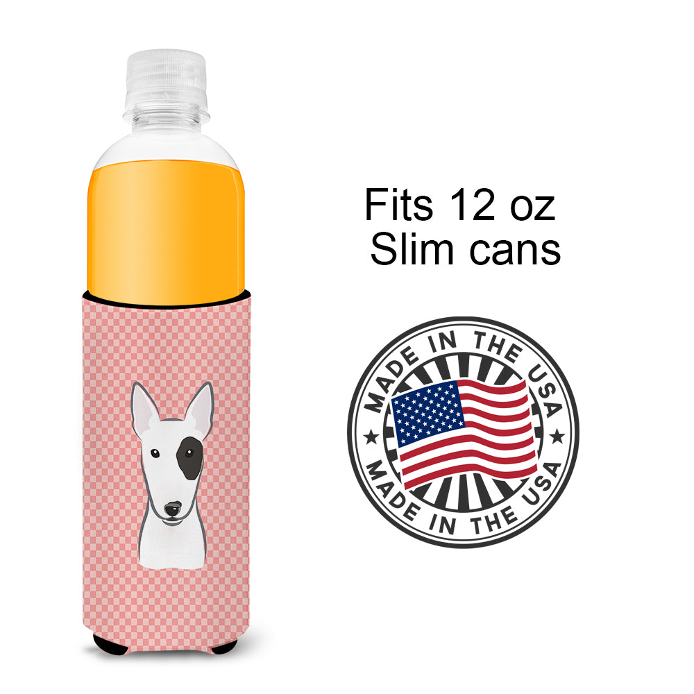 Checkerboard Pink Bull Terrier Ultra Beverage Insulators for slim cans BB1209MUK.