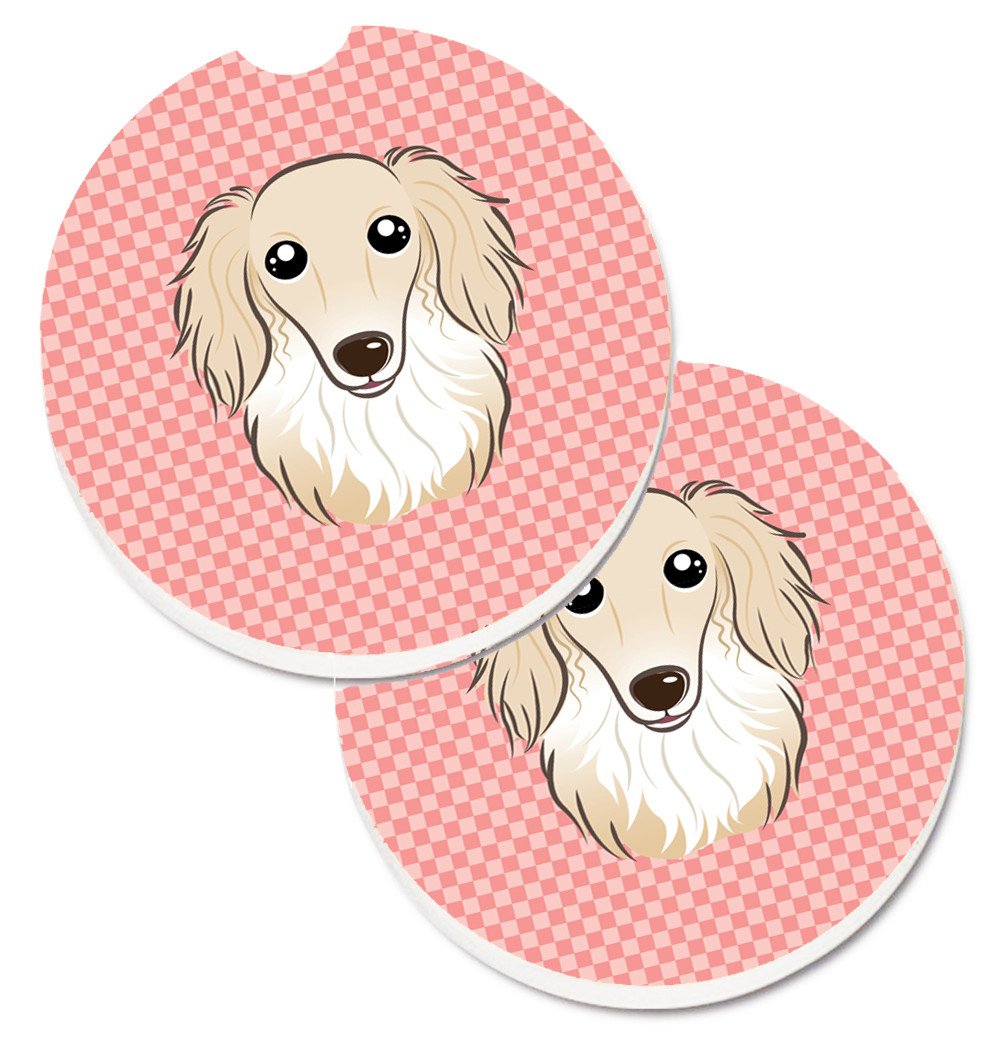 Checkerboard Pink Longhair Creme Dachshund Set of 2 Cup Holder Car Coasters BB1212CARC by Caroline&#39;s Treasures