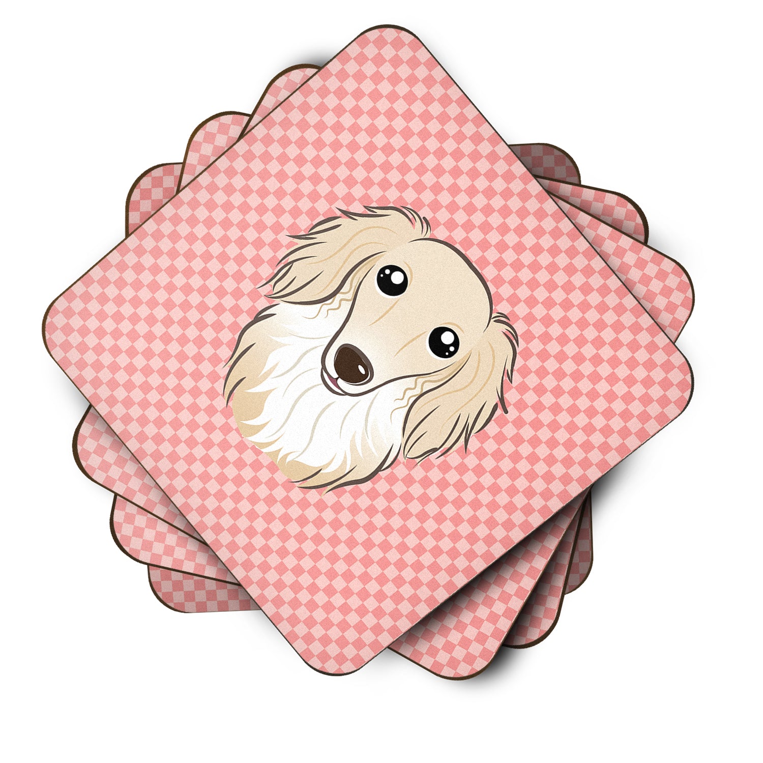 Set of 4 Checkerboard Pink Longhair Creme Dachshund Foam Coasters BB1212FC - the-store.com