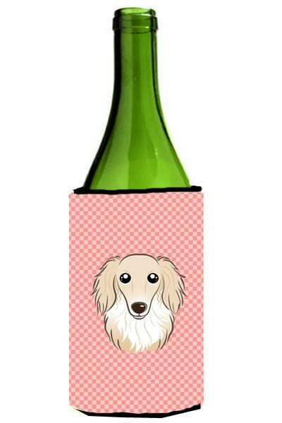Checkerboard Pink Longhair Creme Dachshund Wine Bottle Beverage Insulator Hugger by Caroline&#39;s Treasures