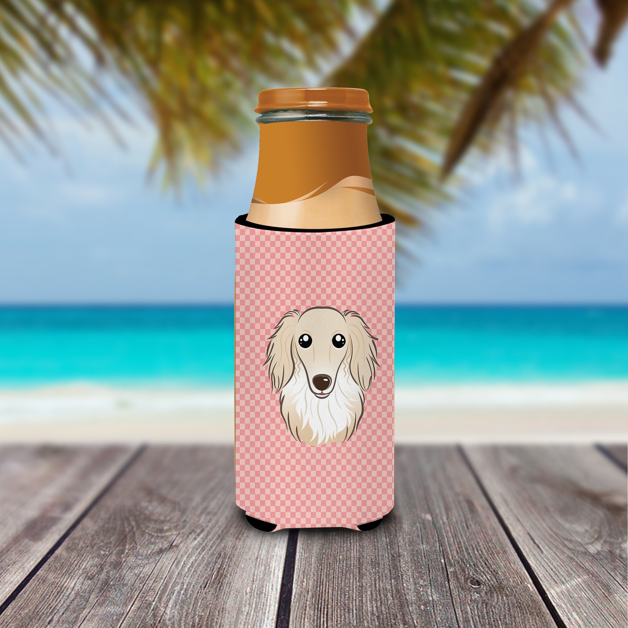 Checkerboard Pink Longhair Creme Dachshund Ultra Beverage Insulators for slim cans.