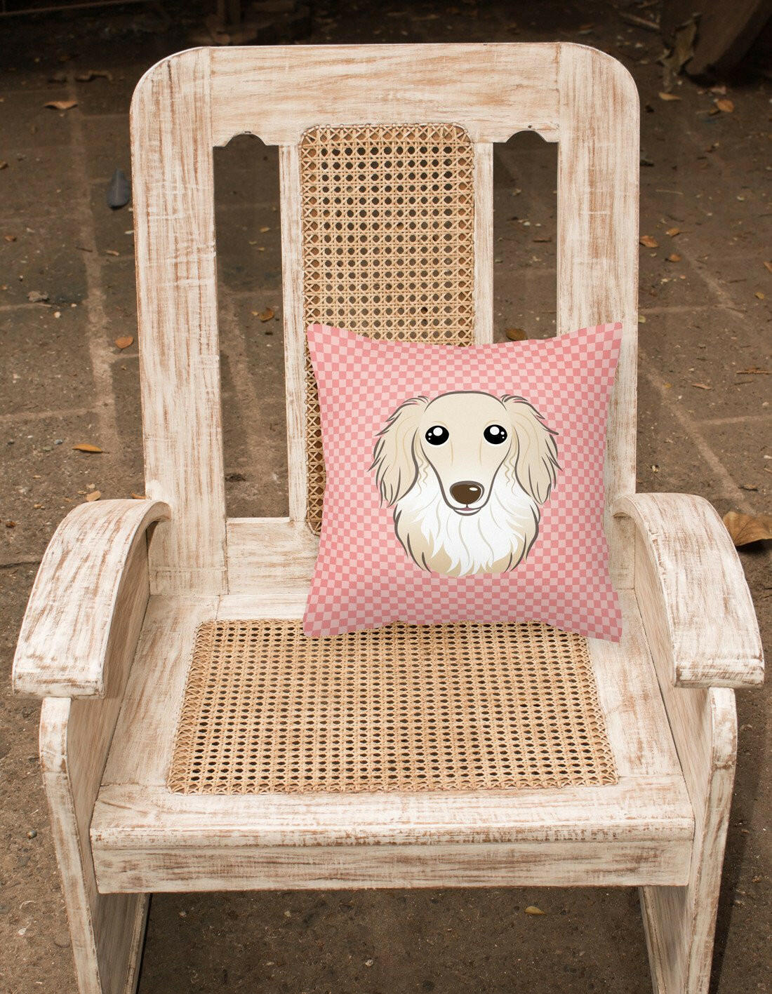 Checkerboard Pink Longhair Creme Dachshund Canvas Fabric Decorative Pillow BB1212PW1414 - the-store.com