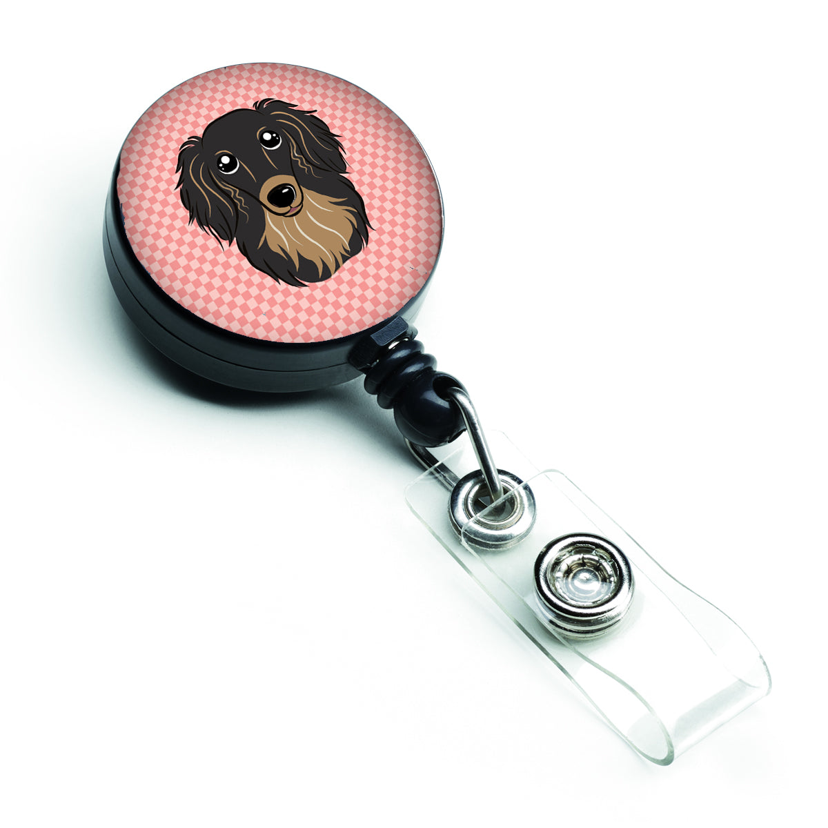 Checkerboard Pink Longhair Black and Tan Dachshund Retractable Badge Reel BB1213BR