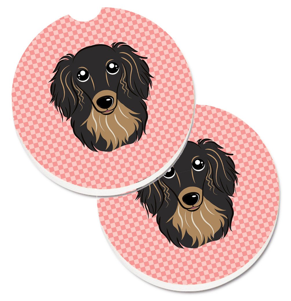 Checkerboard Pink Longhair Black and Tan Dachshund Set of 2 Cup Holder Car Coasters BB1213CARC by Caroline&#39;s Treasures