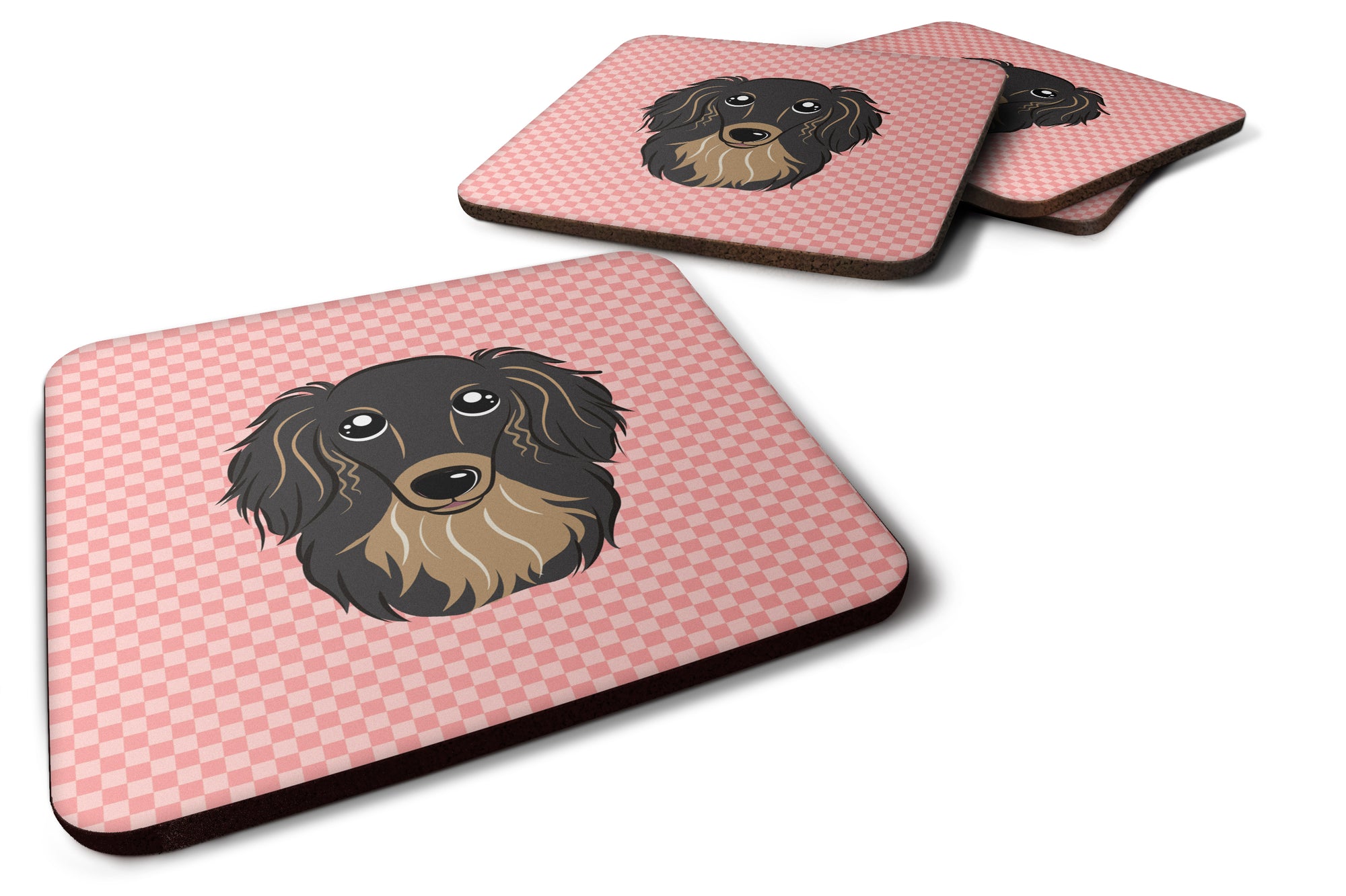 Set of 4 Checkerboard Pink Longhair Black and Tan Dachshund Foam Coasters BB1213FC - the-store.com