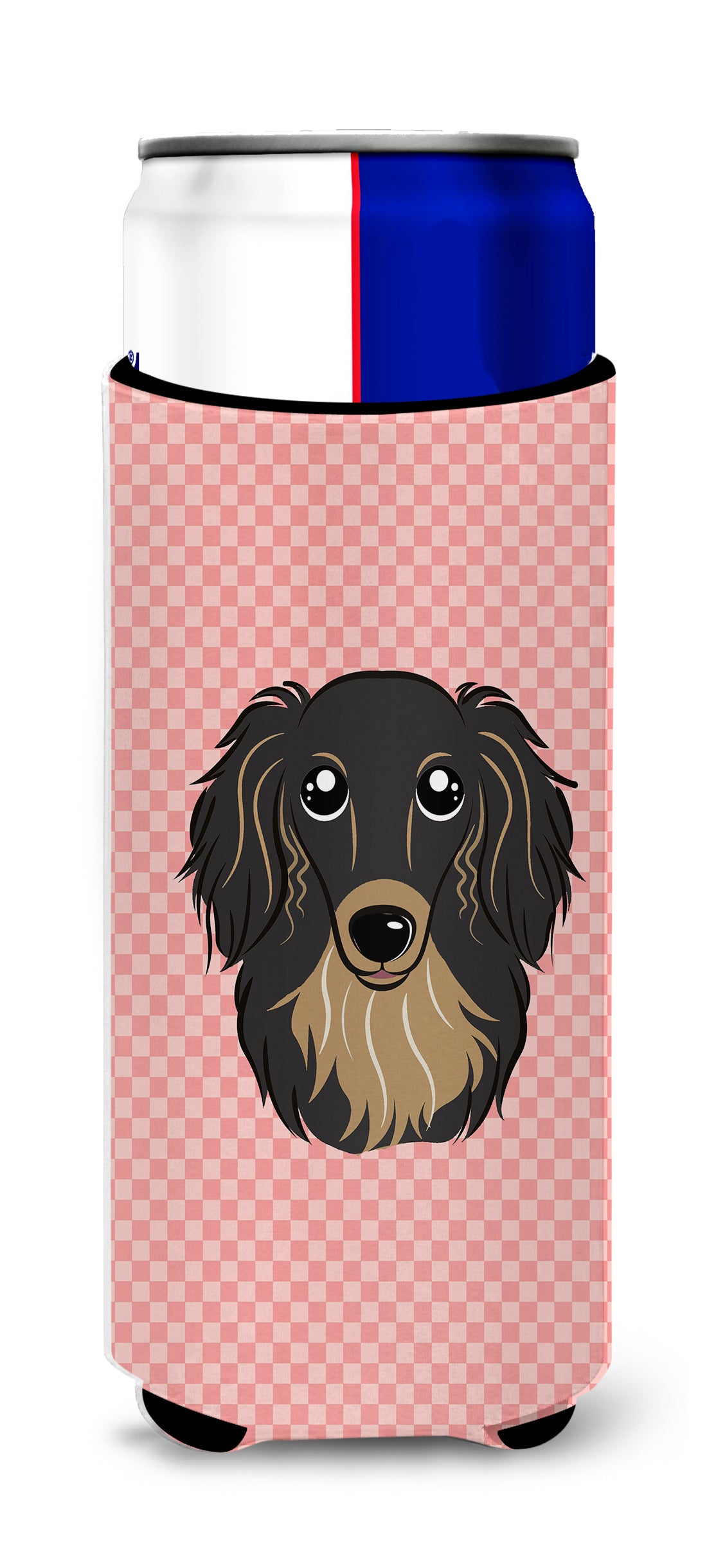 Checkerboard Pink Longhair  Dachshund Ultra Beverage Insulators for slim cans.