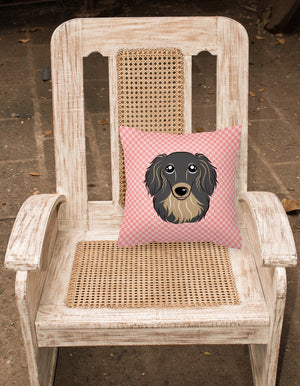 Checkerboard Pink Longhair Black and Tan Dachshund Canvas Fabric Decorative Pillow BB1213PW1414 - the-store.com