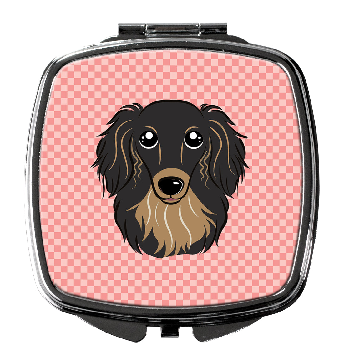Checkerboard Pink Longhair Black and Tan Dachshund Compact Mirror BB1213SCM  the-store.com.
