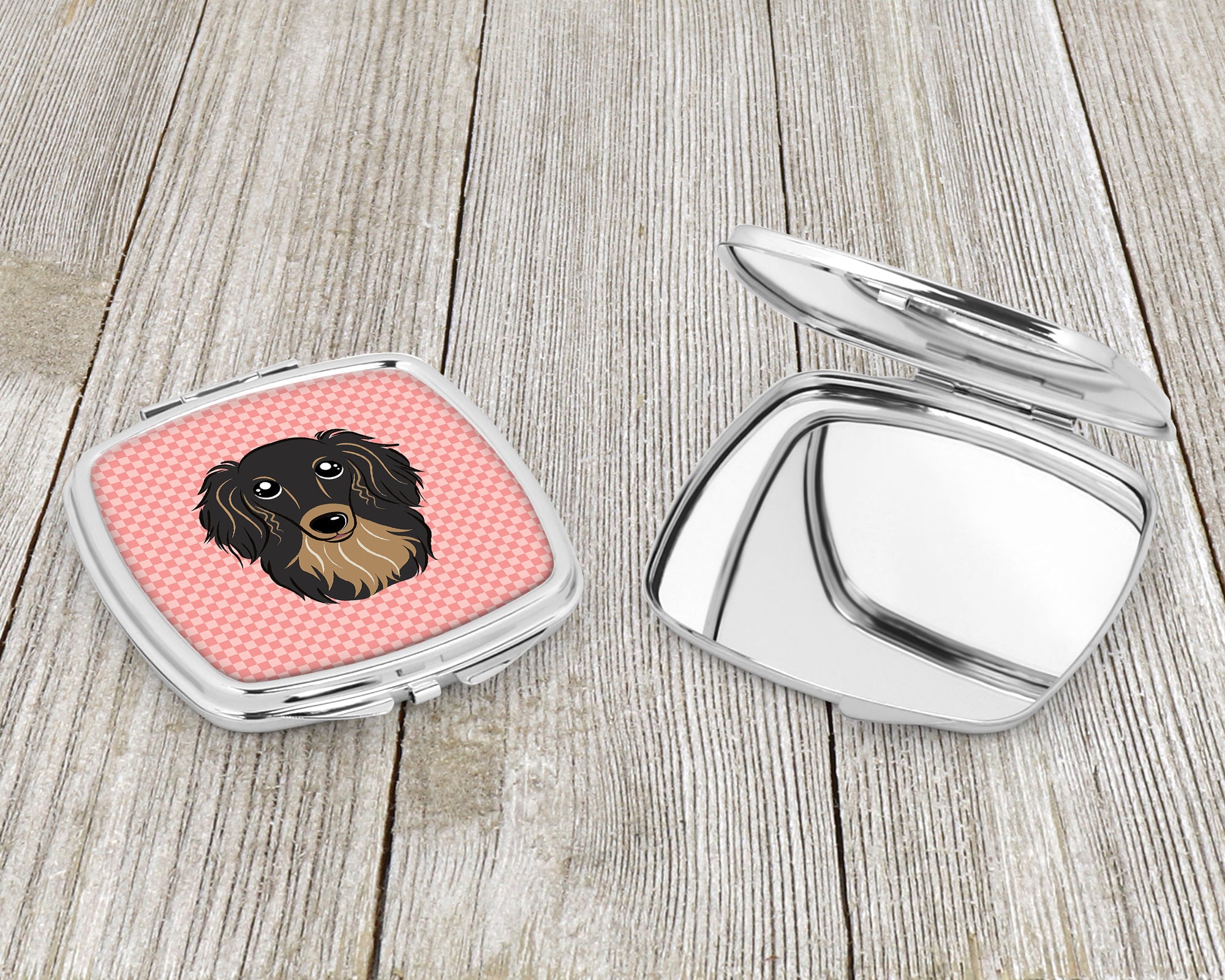 Checkerboard Pink Longhair Black and Tan Dachshund Compact Mirror BB1213SCM  the-store.com.