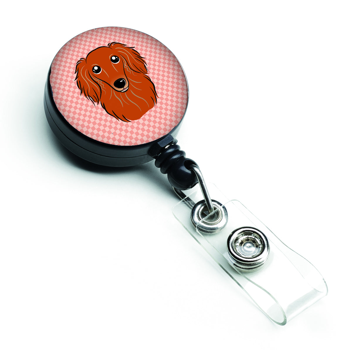Checkerboard Pink Longhair Red Dachshund Retractable Badge Reel BB1214BR.