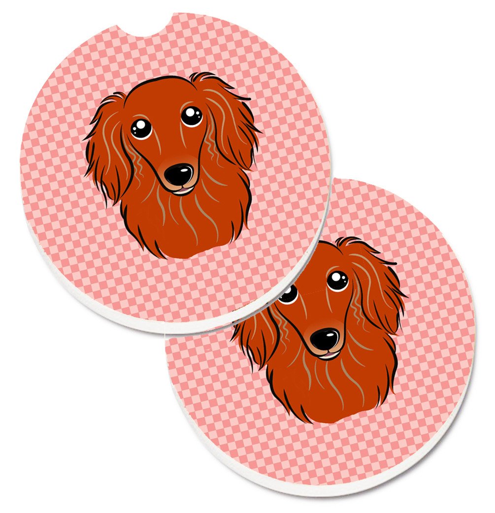 Checkerboard Pink Longhair Red Dachshund Set of 2 Cup Holder Car Coasters BB1214CARC by Caroline's Treasures