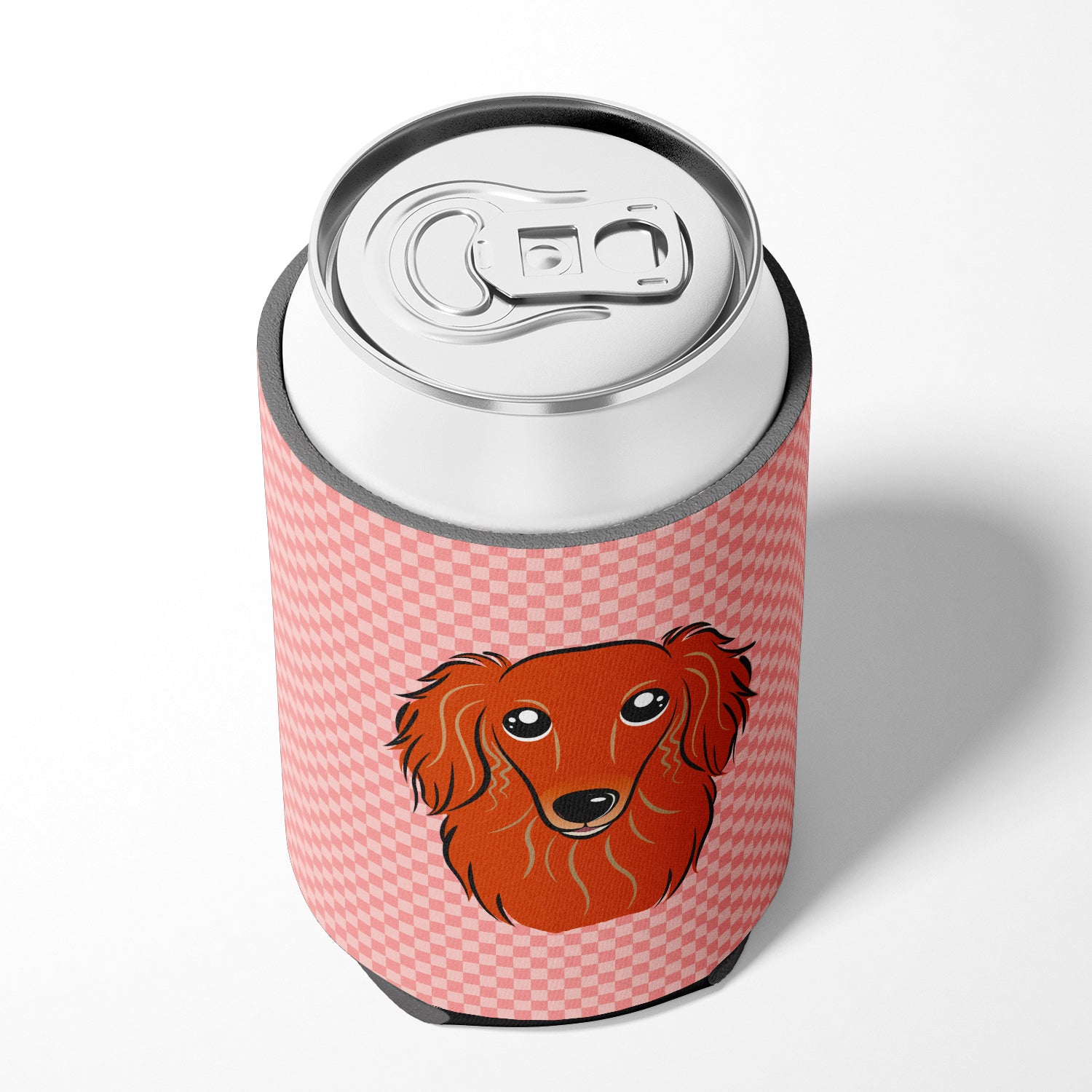 Checkerboard Pink Longhair Red Dachshund Can or Bottle Hugger BB1214CC