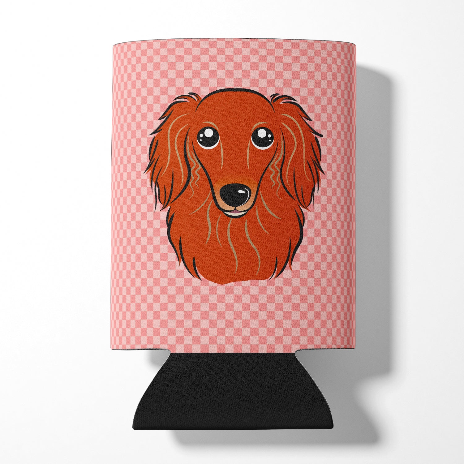 Checkerboard Pink Longhair Red Dachshund Can or Bottle Hugger BB1214CC.