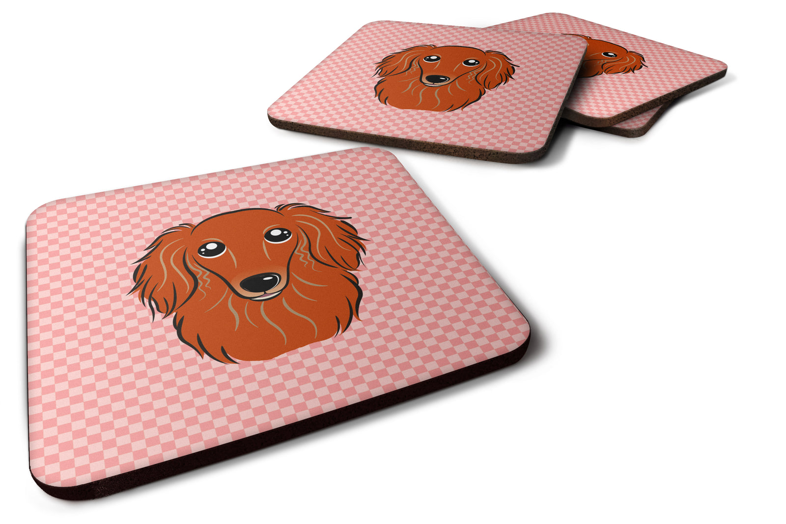 Set of 4 Checkerboard Pink Longhair Red Dachshund Foam Coasters BB1214FC - the-store.com