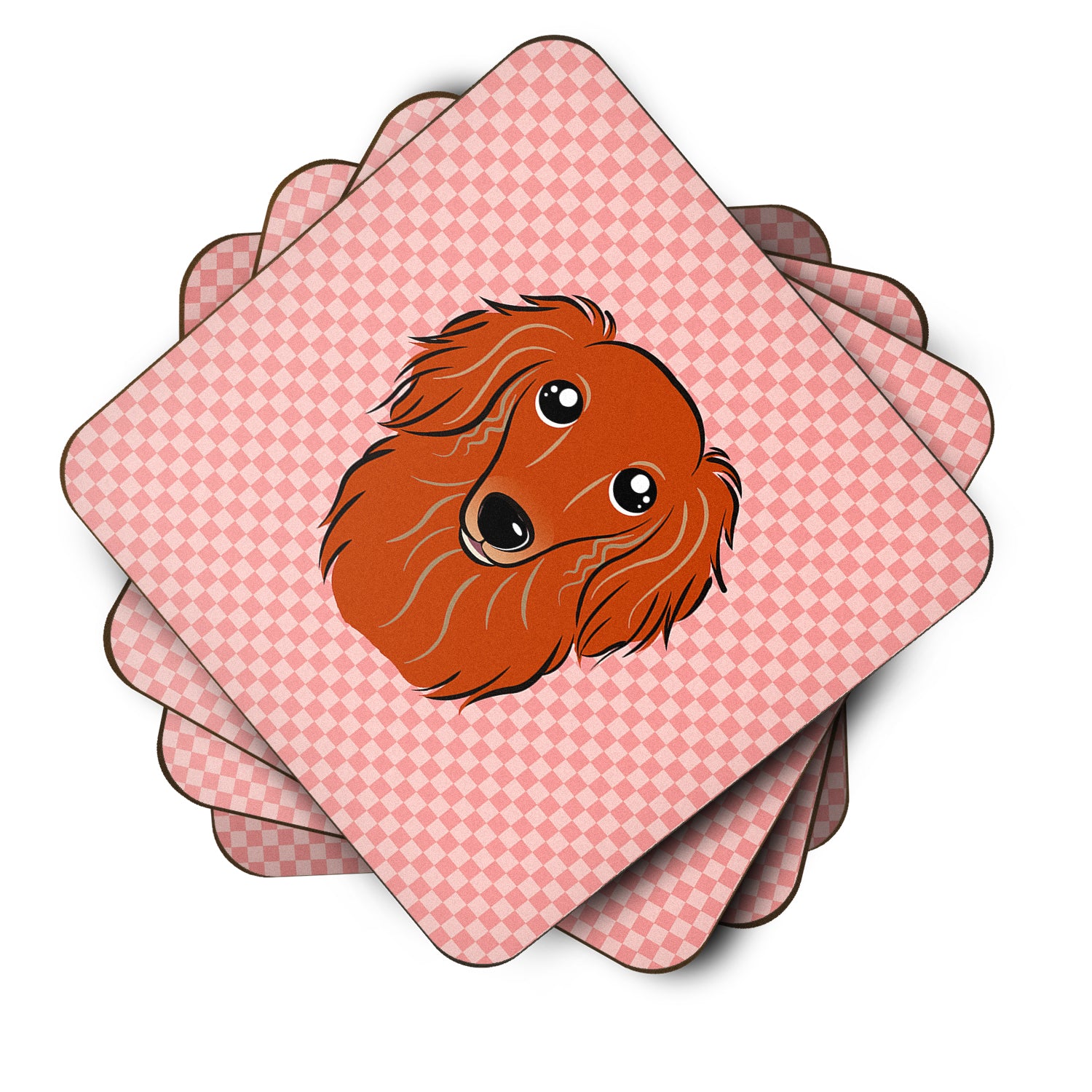 Set of 4 Checkerboard Pink Longhair Red Dachshund Foam Coasters BB1214FC - the-store.com