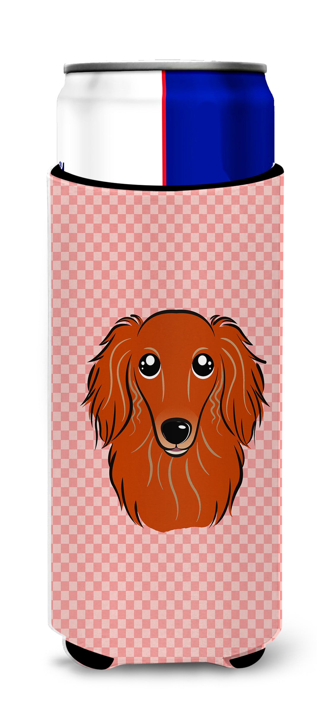 Checkerboard Pink Longhair Red Dachshund Ultra Beverage Insulators for slim cans.