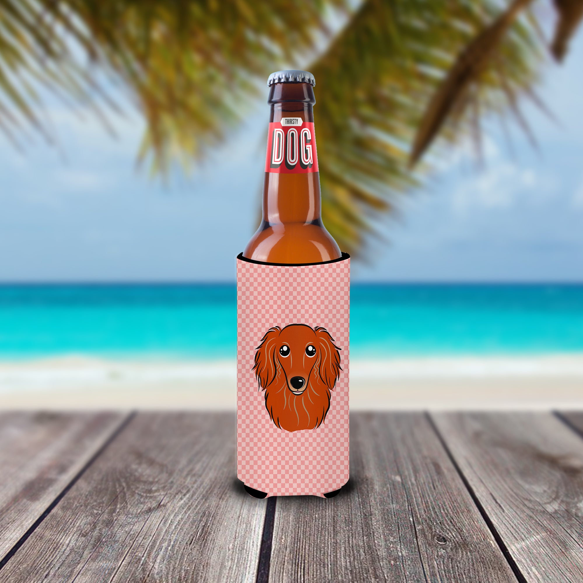 Checkerboard Pink Longhair Red Dachshund Ultra Beverage Insulators for slim cans.
