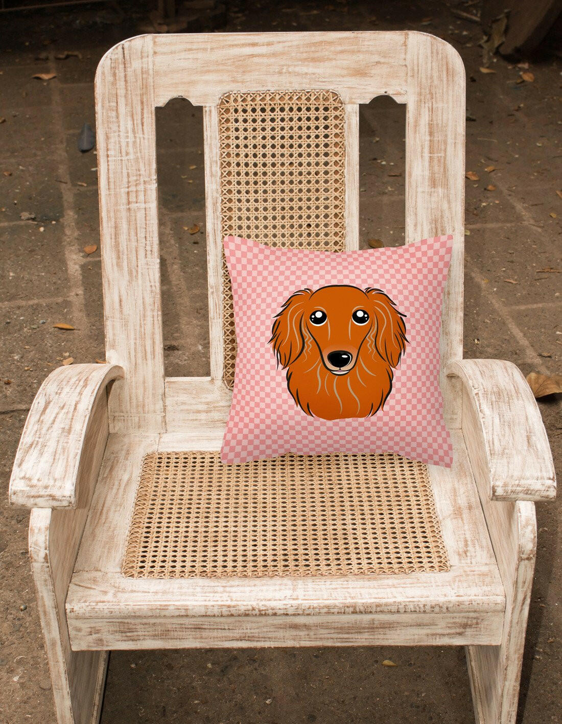 Checkerboard Pink Longhair Red Dachshund Canvas Fabric Decorative Pillow BB1214PW1414 - the-store.com