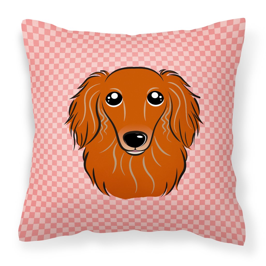 Checkerboard Pink Longhair Red Dachshund Canvas Fabric Decorative Pillow by Caroline&#39;s Treasures