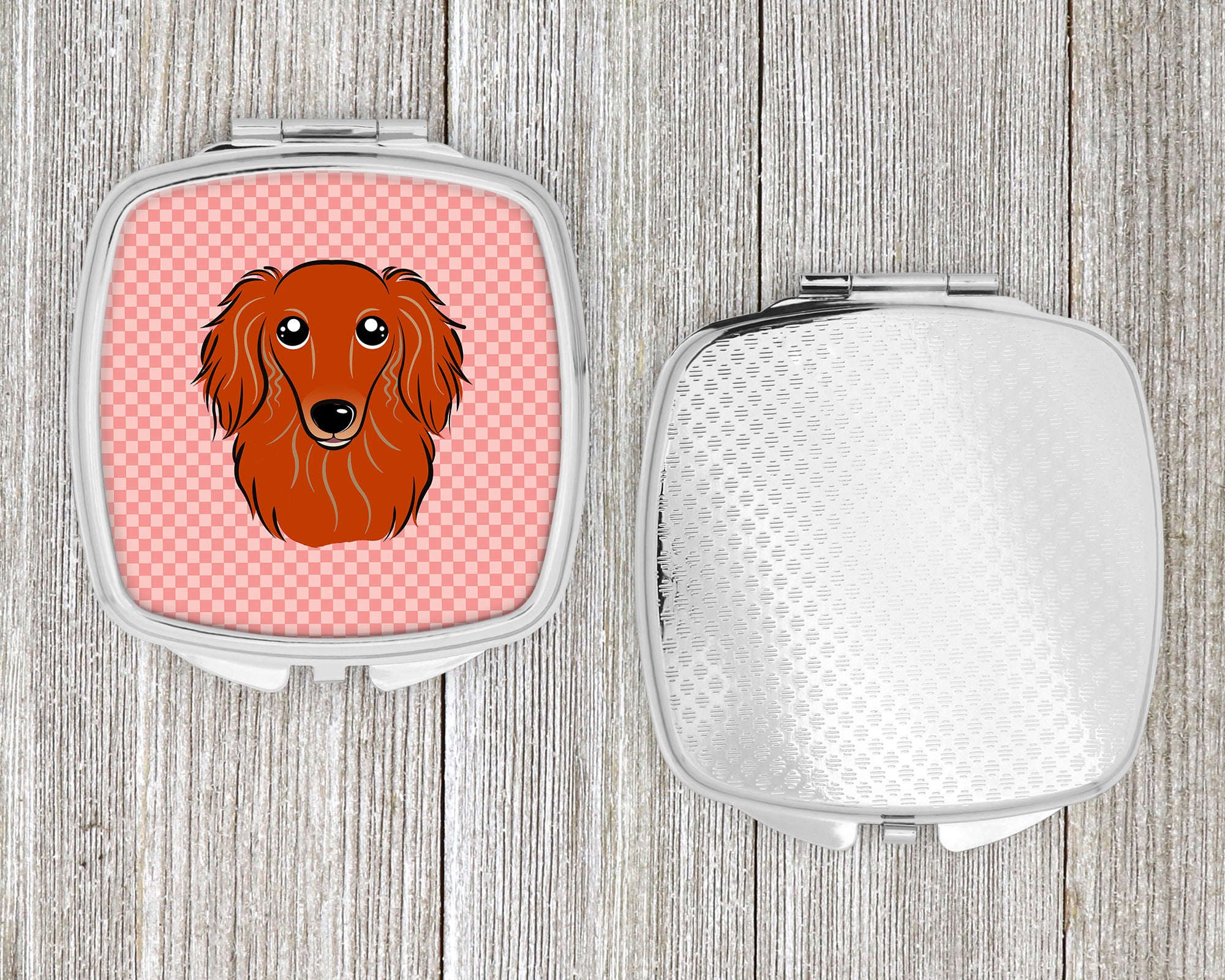 Checkerboard Pink Longhair Red Dachshund Compact Mirror BB1214SCM  the-store.com.
