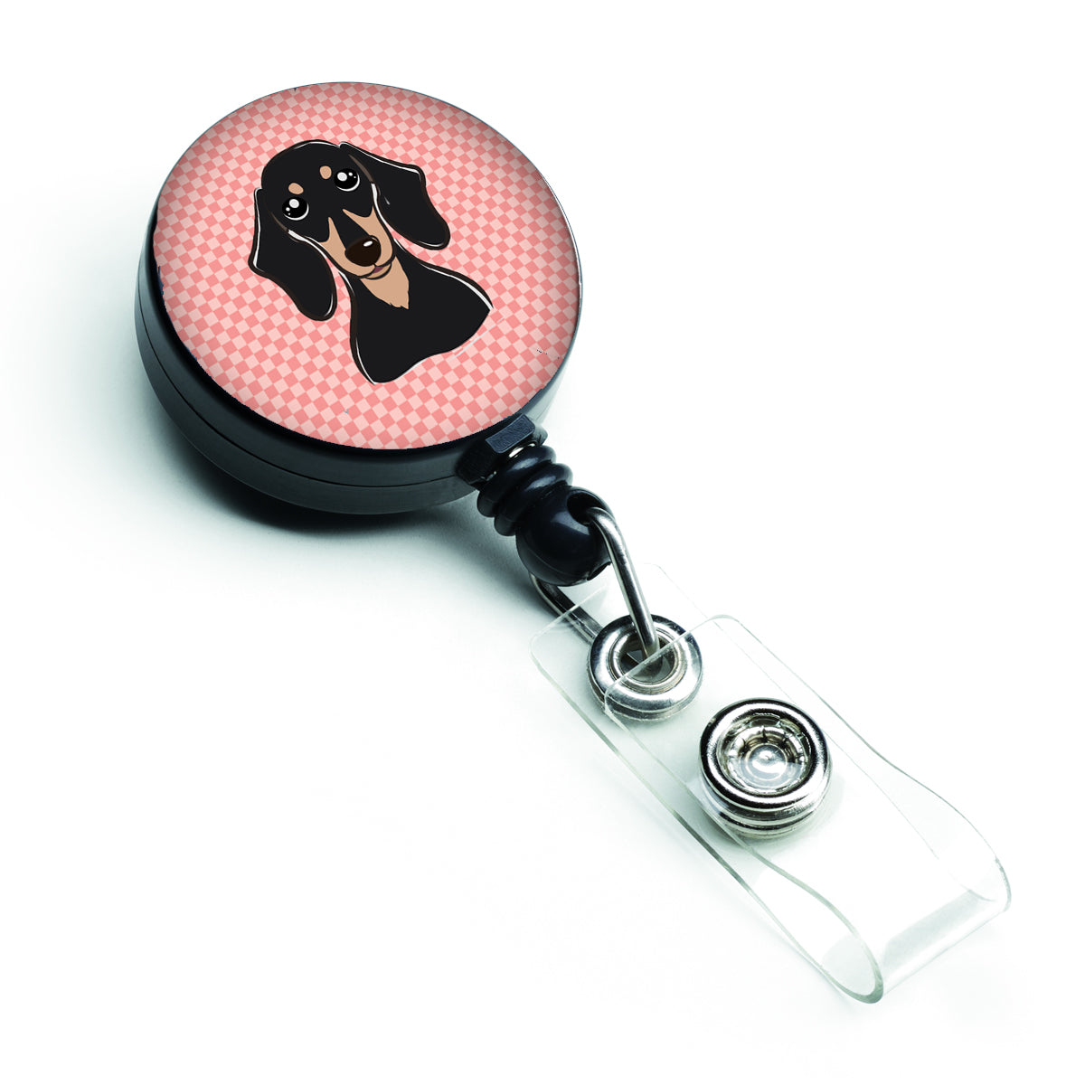 Checkerboard Pink Smooth Black and Tan Dachshund Retractable Badge Reel BB1215BR