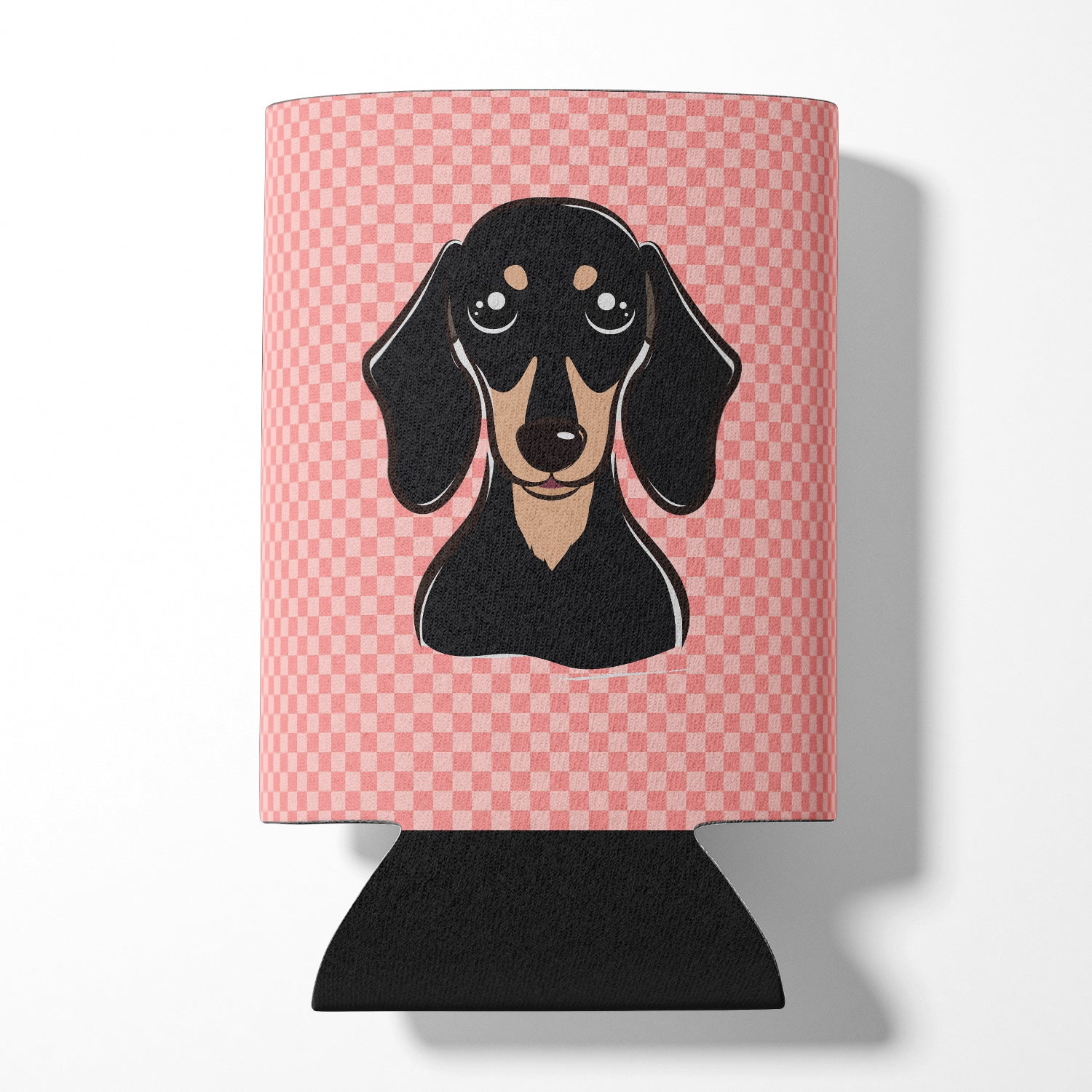 Checkerboard Pink Smooth Black and Tan Dachshund Can or Bottle Hugger BB1215CC