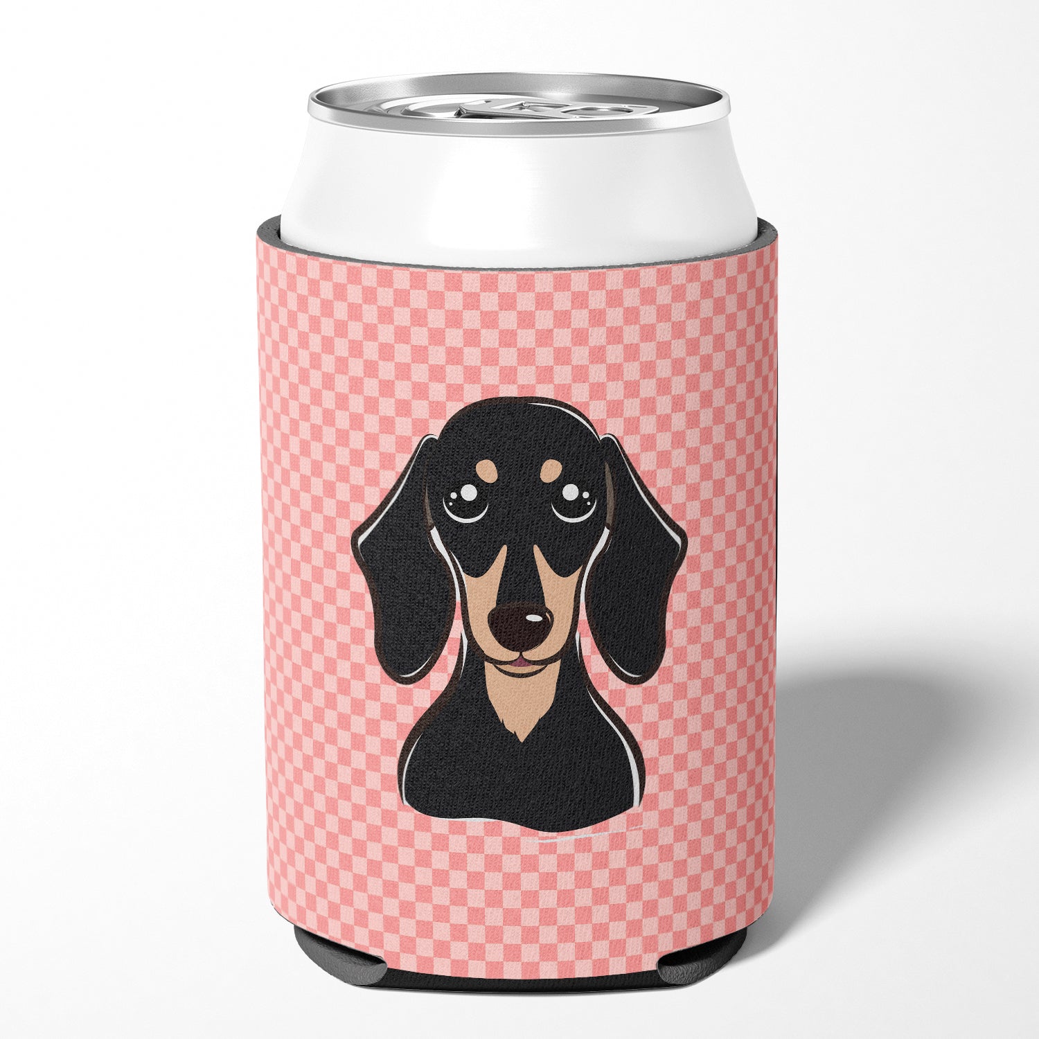 Checkerboard Pink Smooth Black and Tan Dachshund Can or Bottle Hugger BB1215CC.