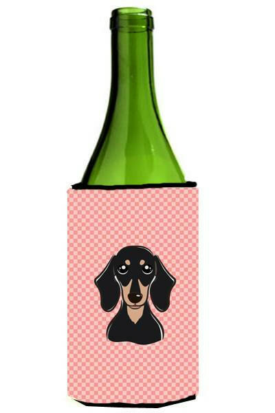 Checkerboard Pink Smooth Black and Tan Dachshund Wine Bottle Beverage Insulator Hugger by Caroline&#39;s Treasures
