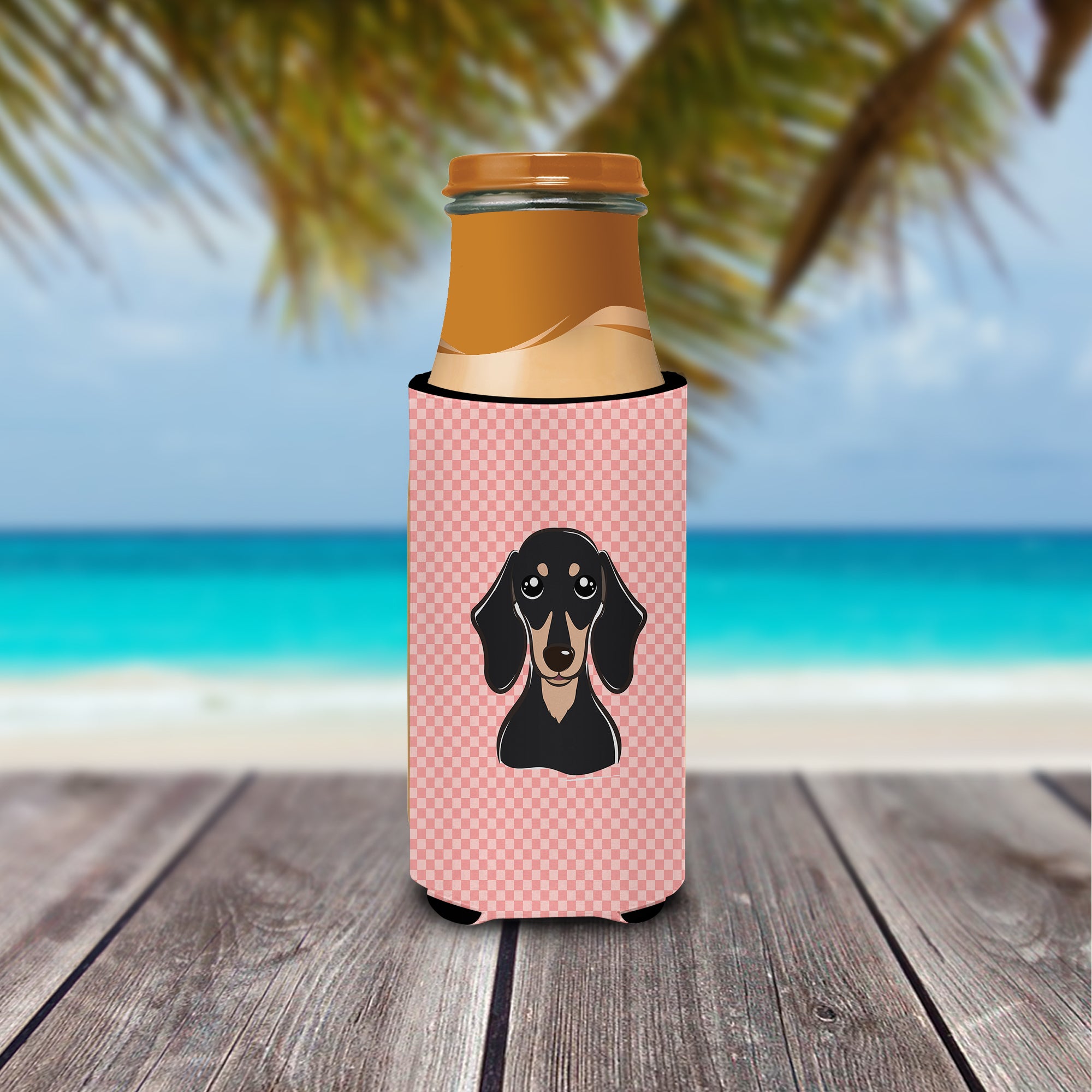 Checkerboard Pink Black Tan Dachshund Ultra Beverage Insulators for slim cans.