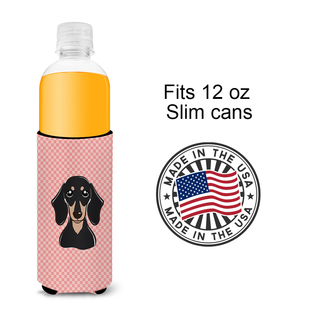 Checkerboard Pink Black Tan Dachshund Ultra Beverage Insulators for slim cans.