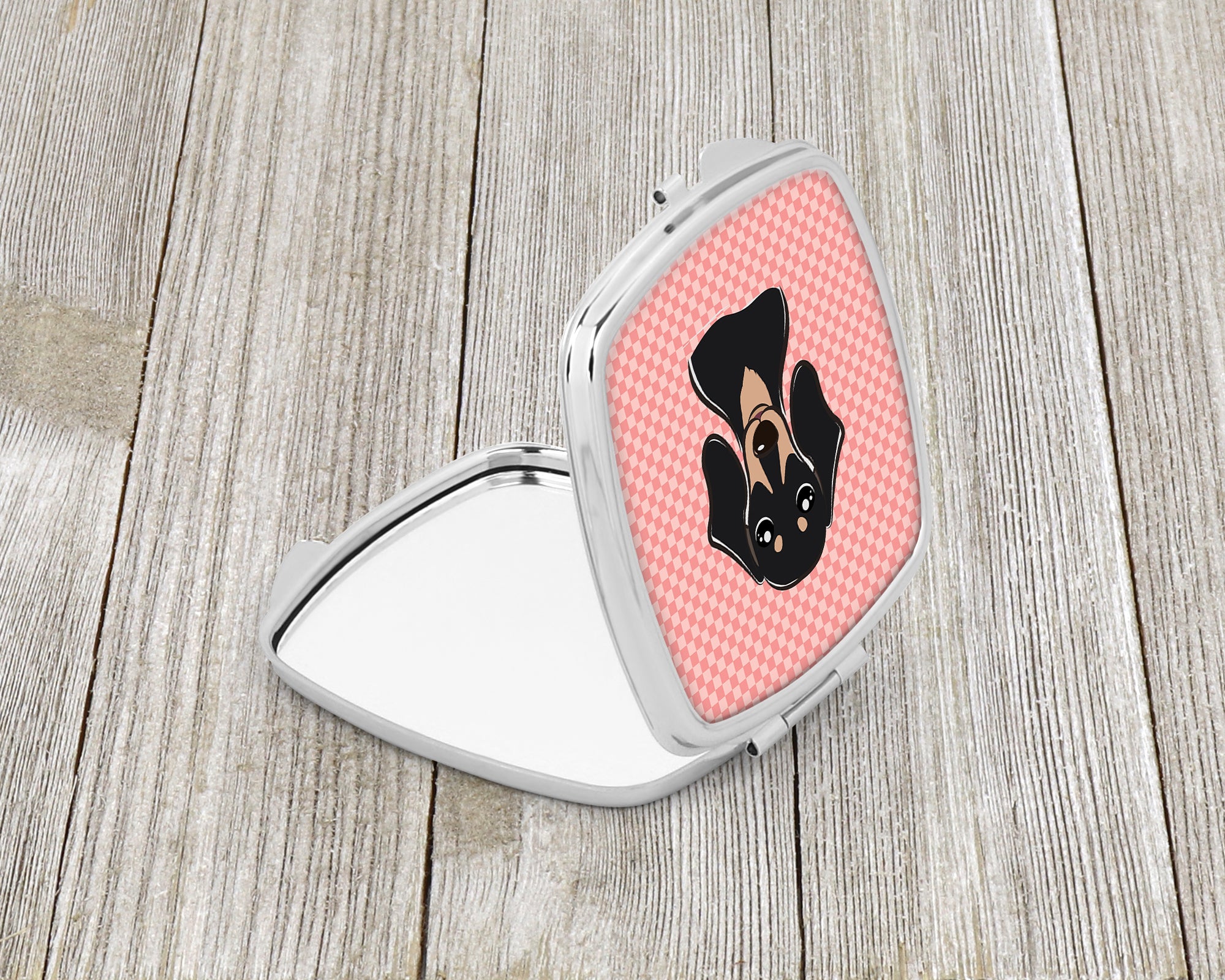 Checkerboard Pink Smooth Black and Tan Dachshund Compact Mirror BB1215SCM  the-store.com.