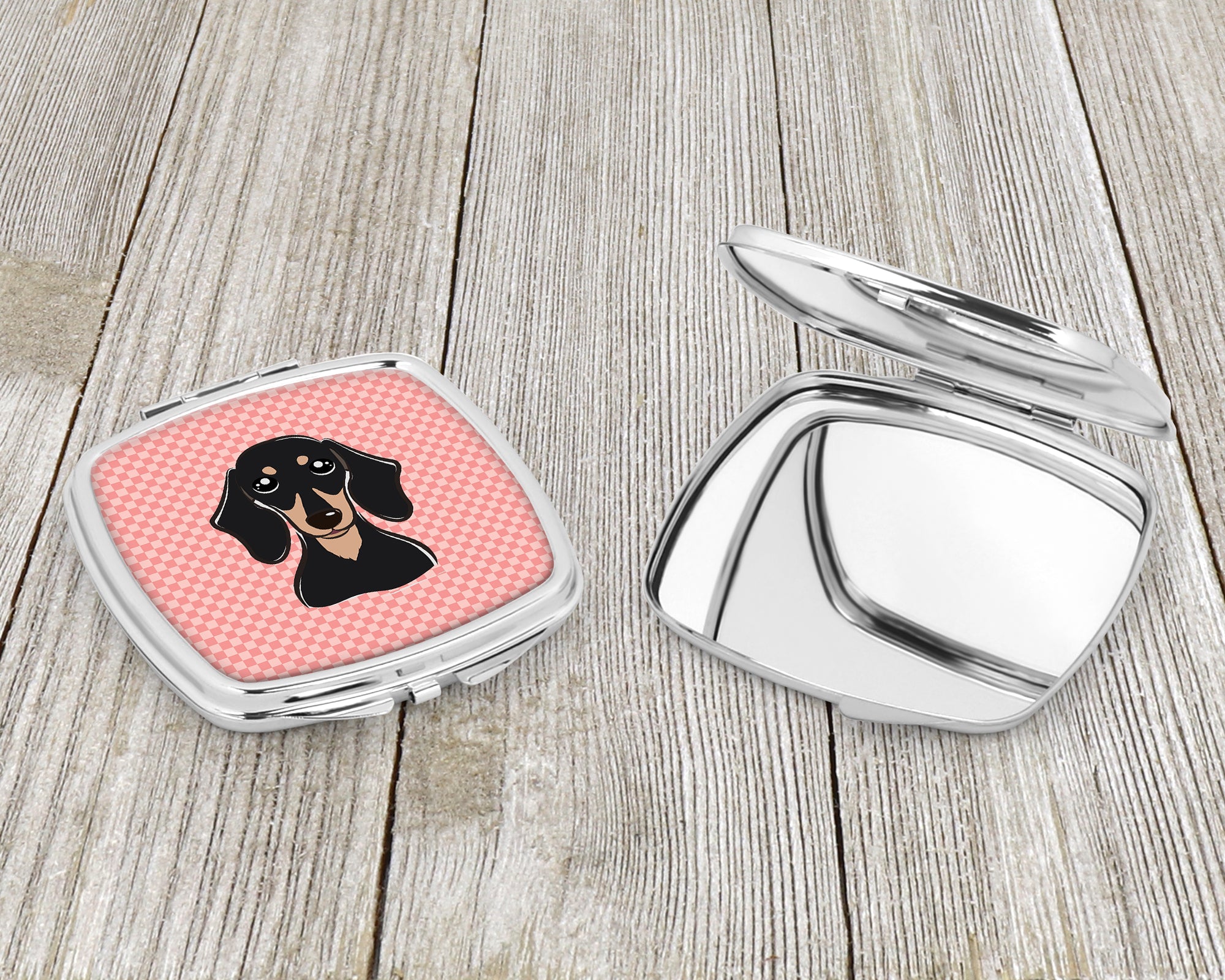 Checkerboard Pink Smooth Black and Tan Dachshund Compact Mirror BB1215SCM  the-store.com.