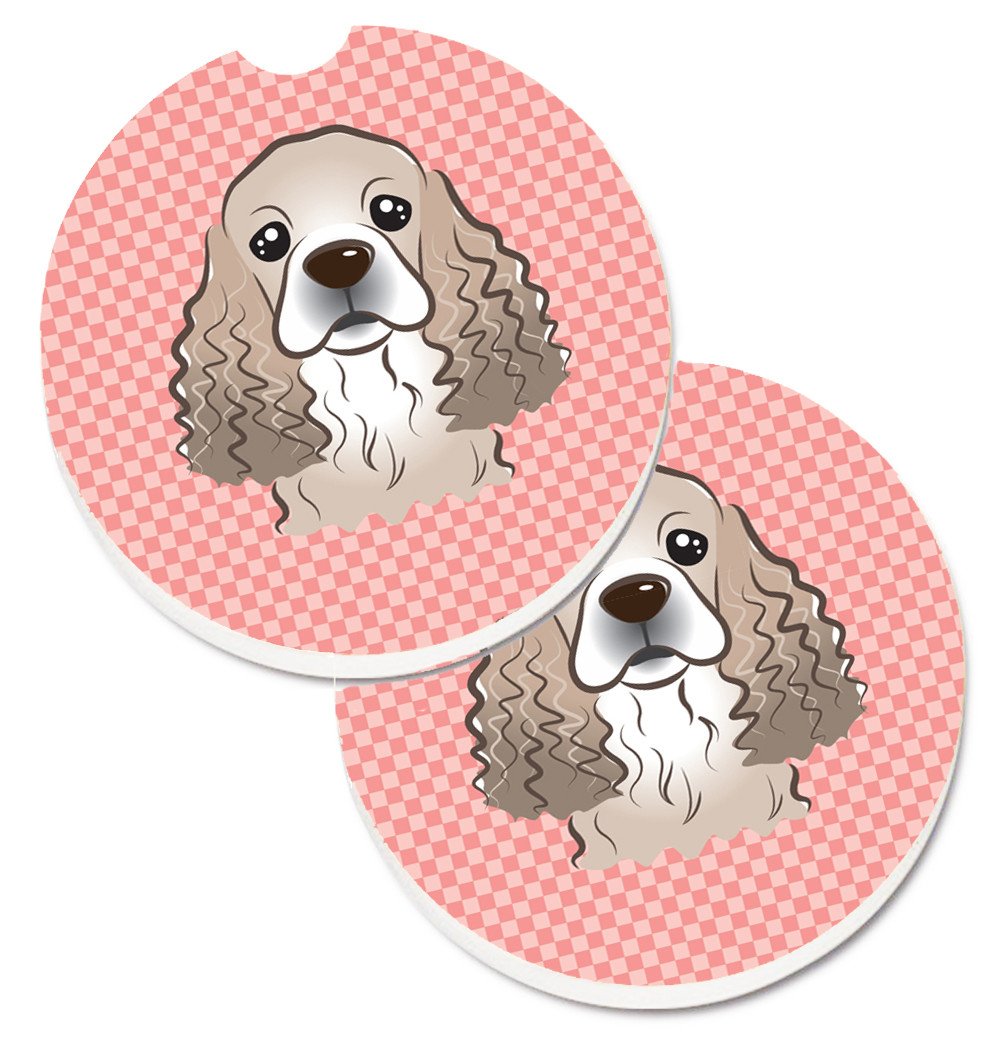 Checkerboard Pink Cocker Spaniel Set of 2 Cup Holder Car Coasters BB1216CARC by Caroline&#39;s Treasures