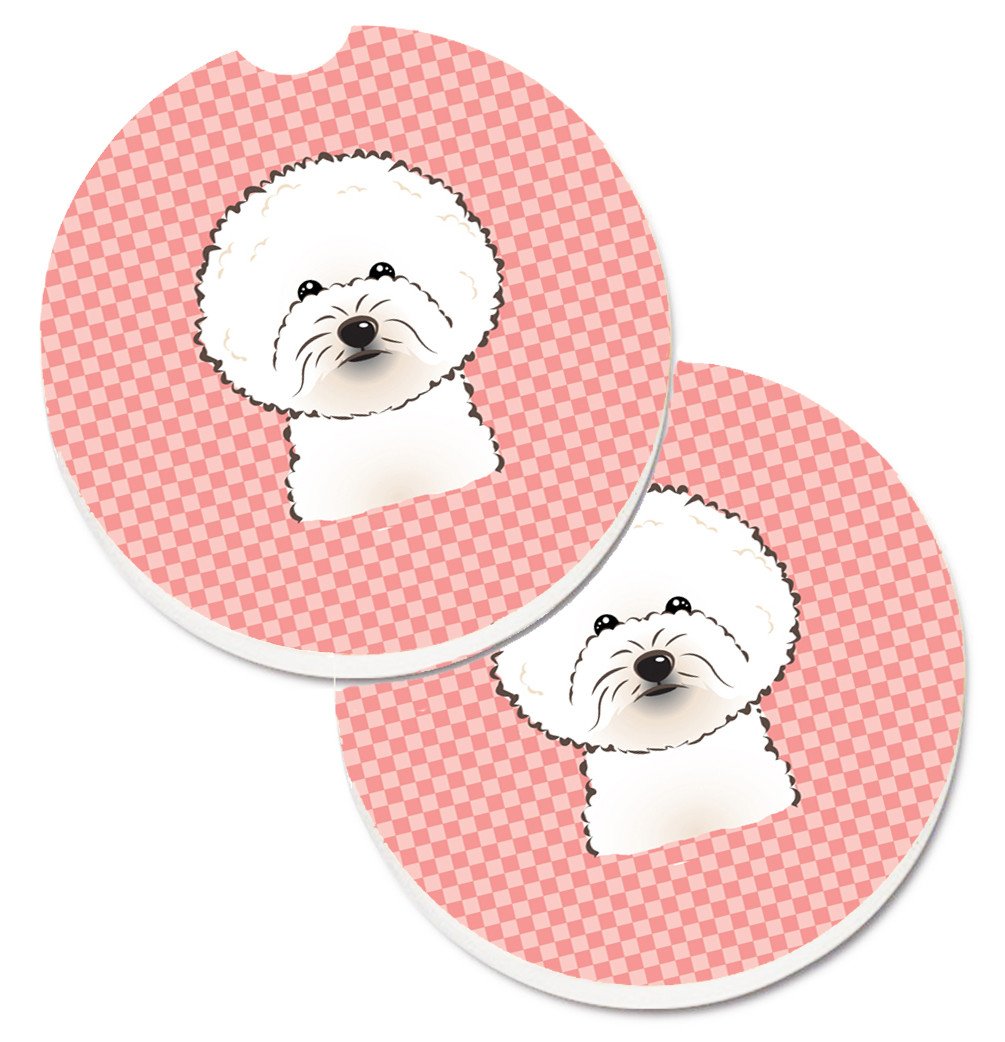 Checkerboard Pink Bichon Frise Set of 2 Cup Holder Car Coasters BB1217CARC by Caroline&#39;s Treasures
