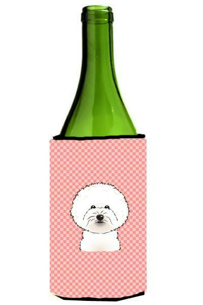 Checkerboard Pink Bichon Frise Wine Bottle Beverage Insulator Hugger BB1217LITERK by Caroline&#39;s Treasures
